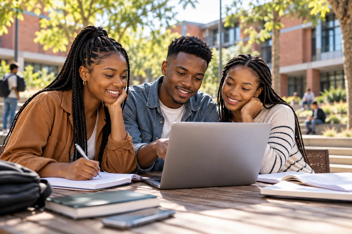 Illustrative scene of young adults collaborating around a laptop on campus